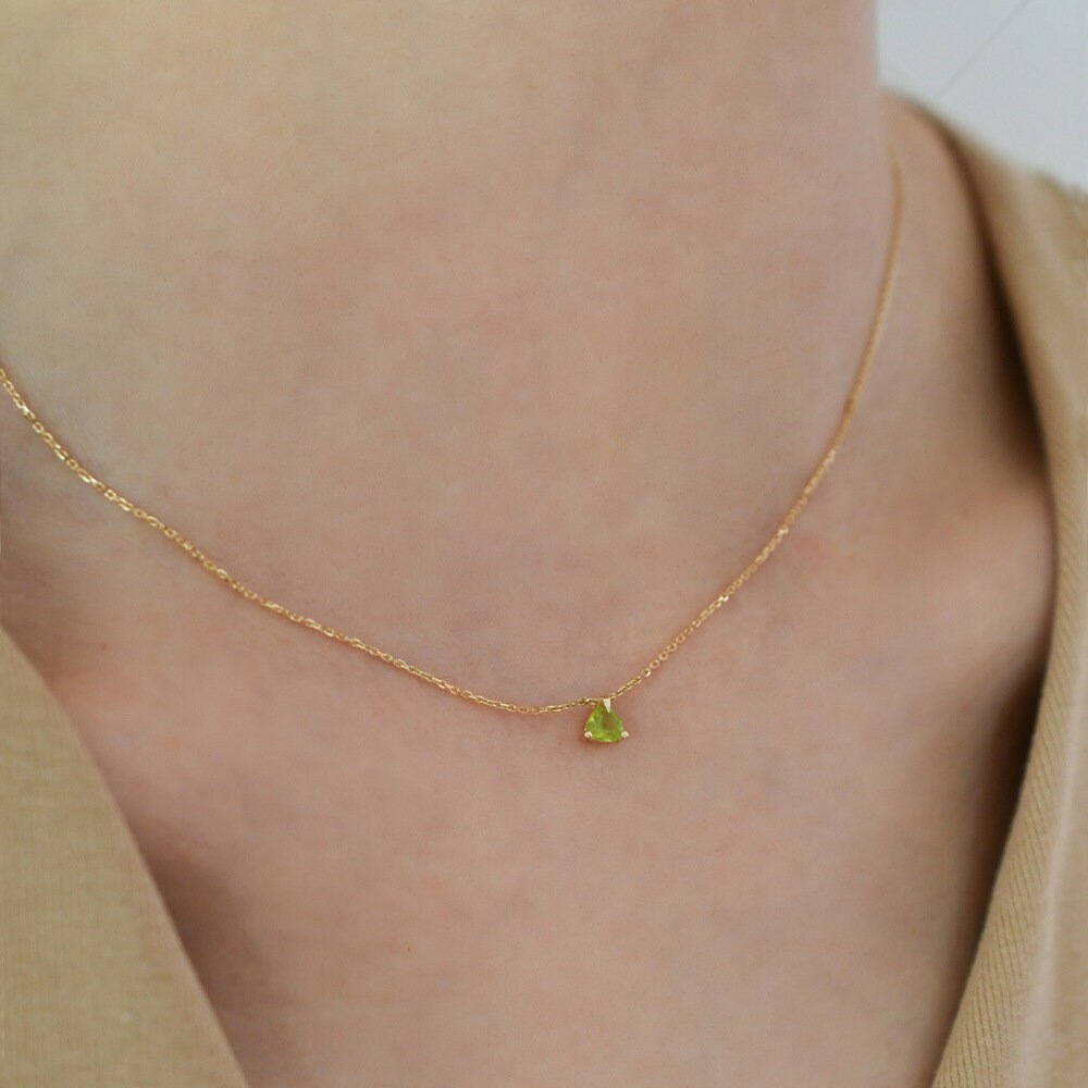 14k Gold Vermeil Tiny Olive Green Triangle CZ Necklace, Dainty Green CZ Triangle Necklace, Minimalist Geometry Necklace, Gifts for her, GN40