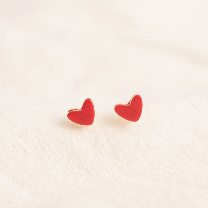 18k Gold Vermeil Coral Heart Earrings, Dainty Coral Heart Studs, Gold Red Heart Earring, Minimalist Classic Earring, Gift for her, GE119