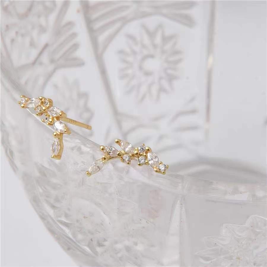 Gold CZ Leaf Climber Earrings, Dainty Laurel Branch Earrings, Sparkly CZ Crawler Earrings, Minimalist Stud Earrings, Christmas Gifts, GE102