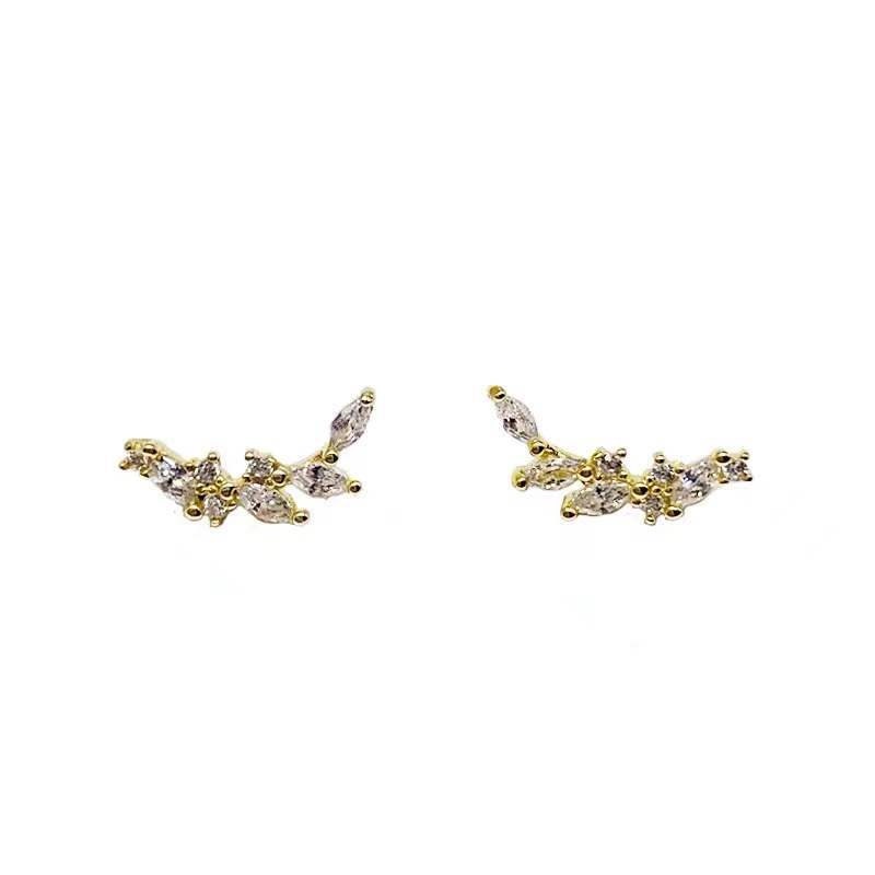 Gold CZ Leaf Climber Earrings, Dainty Laurel Branch Earrings, Sparkly CZ Crawler Earrings, Minimalist Stud Earrings, Christmas Gifts, GE102