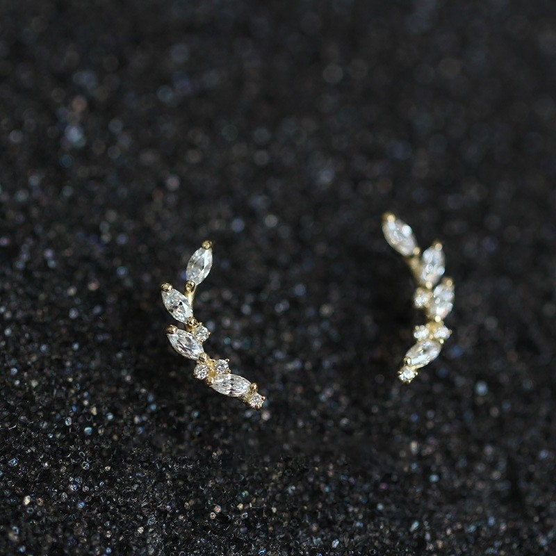 Gold CZ Leaf Climber Earrings, Dainty Laurel Branch Earrings, Sparkly CZ Crawler Earrings, Minimalist Stud Earrings, Christmas Gifts, GE102