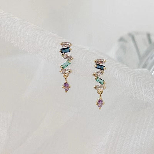 14k Gold Vermeil Colorful CZ Dangle & Drop Earrings, Delicate Rainbow CZ Dangle Earring, Minimalist Gold Earring, Christmas Gift, GE106