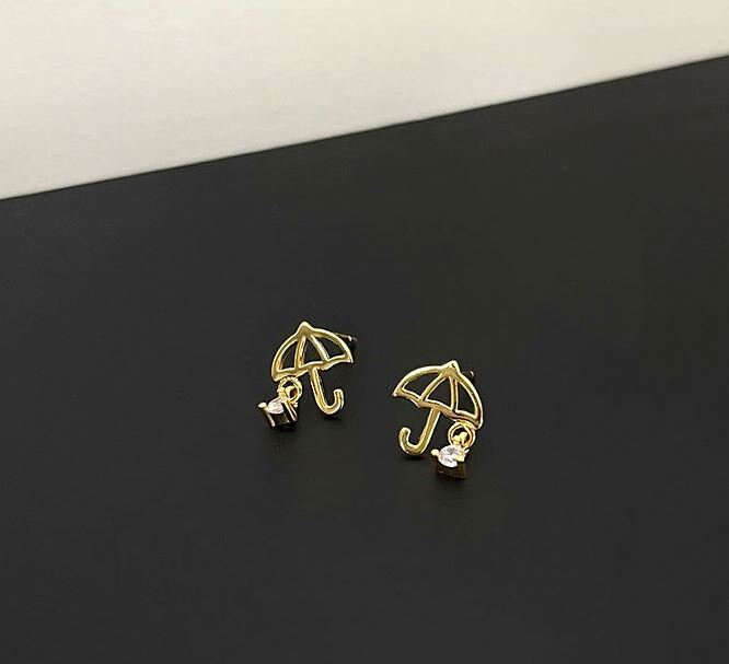 Gold CZ Umbrella Stud Earrings, Dainty Umbrella Earrings, Minimalist Gold Earrings, Gifts for Her, GE107