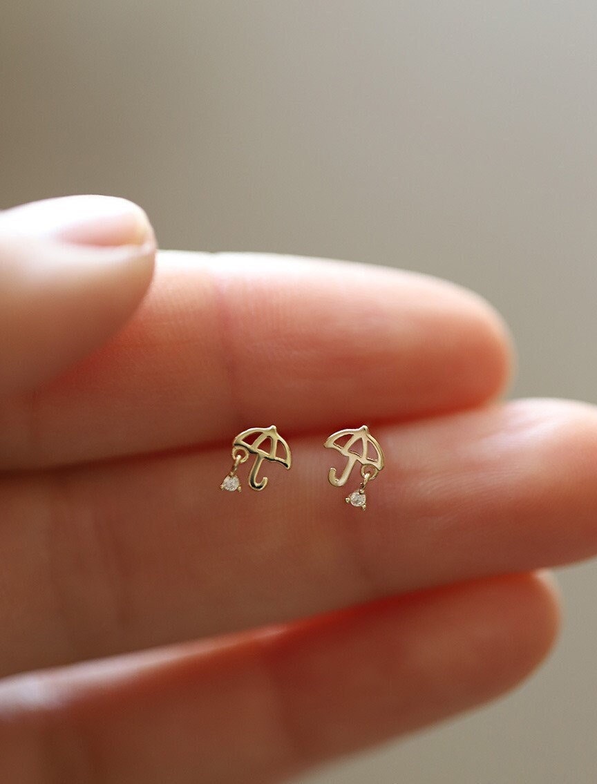 Gold CZ Umbrella Stud Earrings, Dainty Umbrella Earrings, Minimalist Gold Earrings, Gifts for Her, GE107