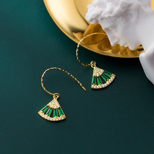 Gold Vermeil Fan-Shape Emerald Hook Earrings, Sparkly Emerald Drop Hook Earrings, Emerald Dangle Earring, Minimalist, Gift for her, GE23