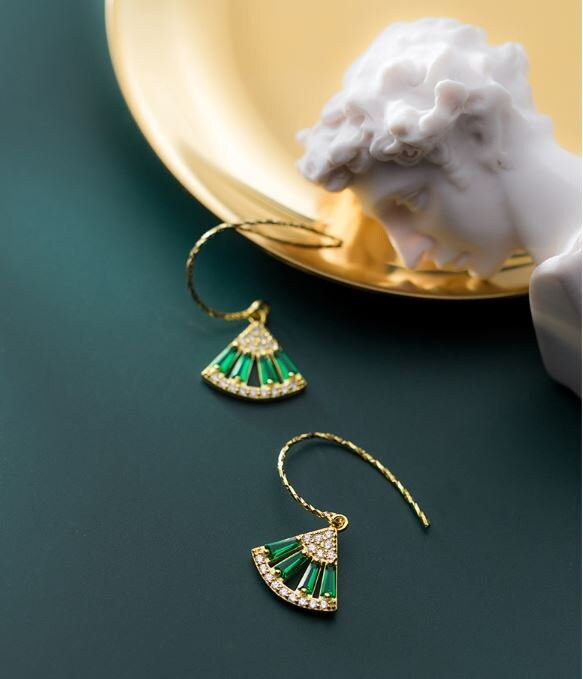 Gold Vermeil Fan-Shape Emerald Hook Earrings, Sparkly Emerald Drop Hook Earrings, Emerald Dangle Earring, Minimalist, Gift for her, GE23