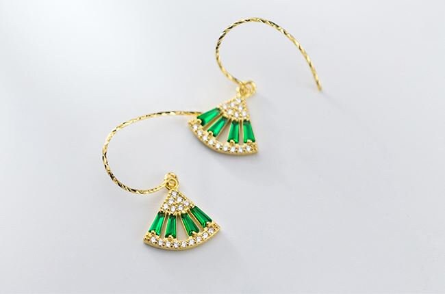 Gold Vermeil Fan-Shape Emerald Hook Earrings, Sparkly Emerald Drop Hook Earrings, Emerald Dangle Earring, Minimalist, Gift for her, GE23