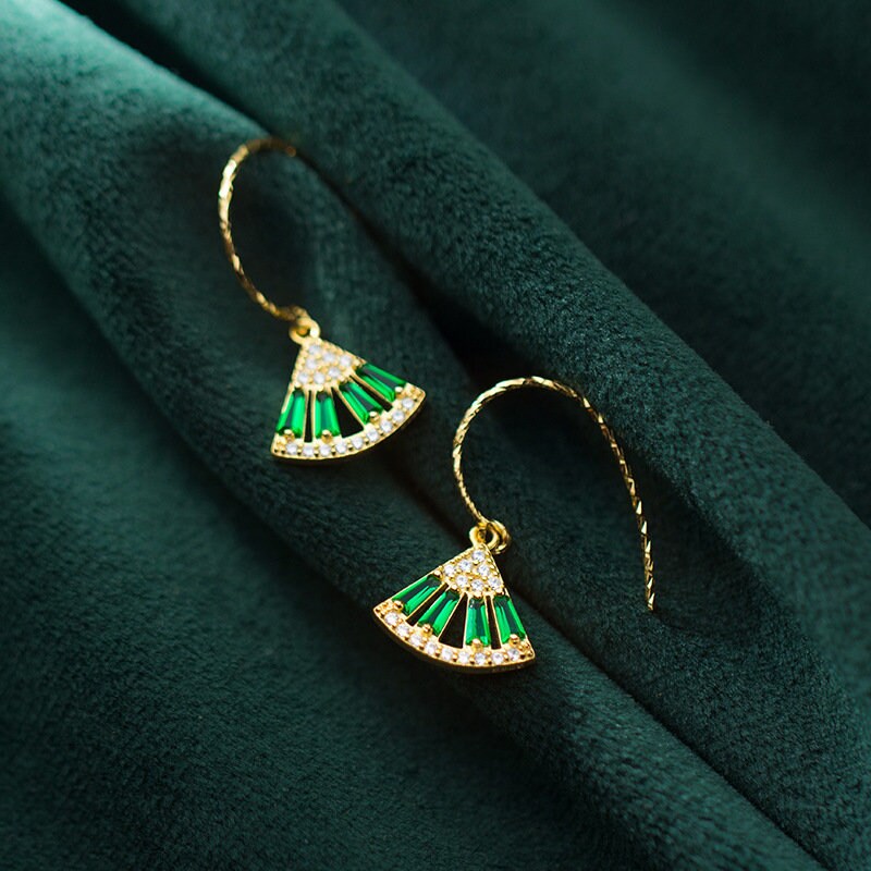 Gold Vermeil Fan-Shape Emerald Hook Earrings, Sparkly Emerald Drop Hook Earrings, Emerald Dangle Earring, Minimalist, Gift for her, GE23