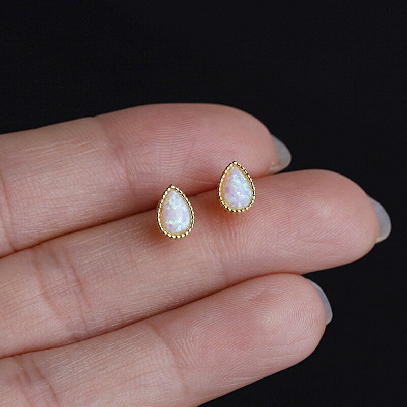 14k Gold Vermeil Tiny Opal Stud Earrings, Oval Opal Earrings, Gold Opal Earring, Gold Oval Studs, Minimalist Opal Studs, Gift for her, GE130