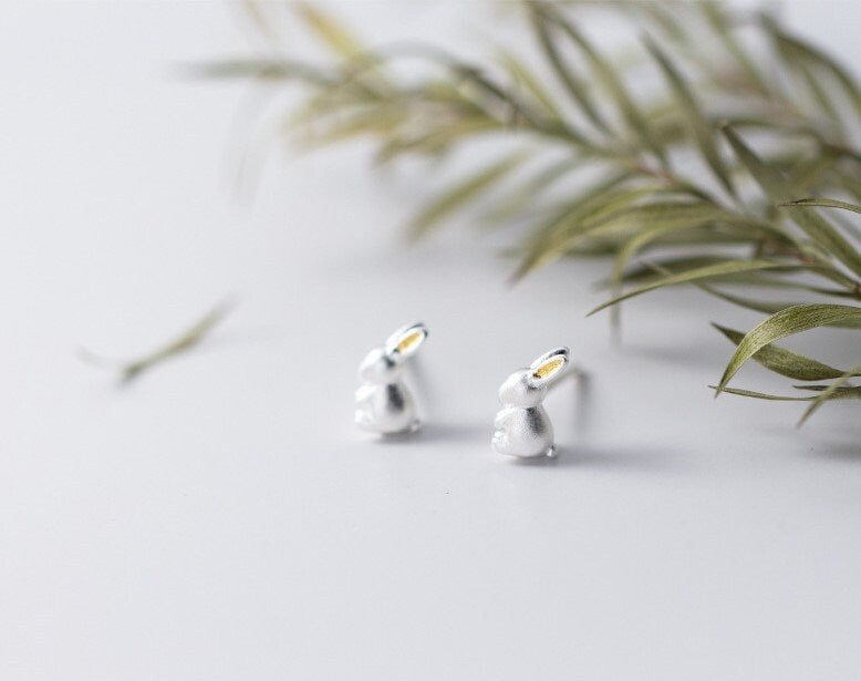 Sterling Silver Bunny Stud Earrings, Three-dimensional Rabbit Earrings, Silver Bunny Studs, Minimalist Animal Earrings, Gift for her, GE141