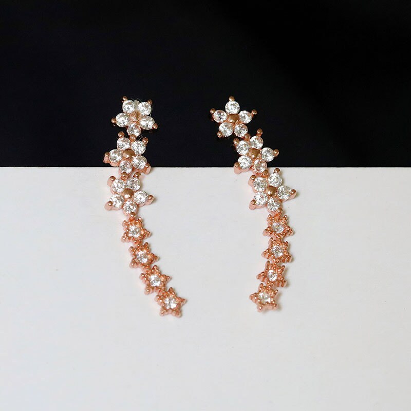 Rose Gold CZ Flower Climb Earrings, Flower Stud Earrings, Champagne Gold Floral Ear Climbers, Flower & Star Ear Crawler, Gift for her, GE143