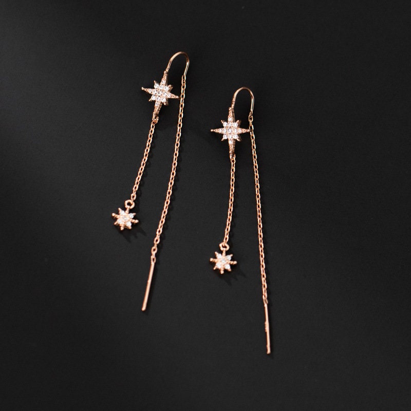 Sterling Silver Starburst Tassel Earrings, North Star Threader Earrings, Dainty Tassel Earrings, Rose Gold Chain Drop/Dangle Earrings, GE113