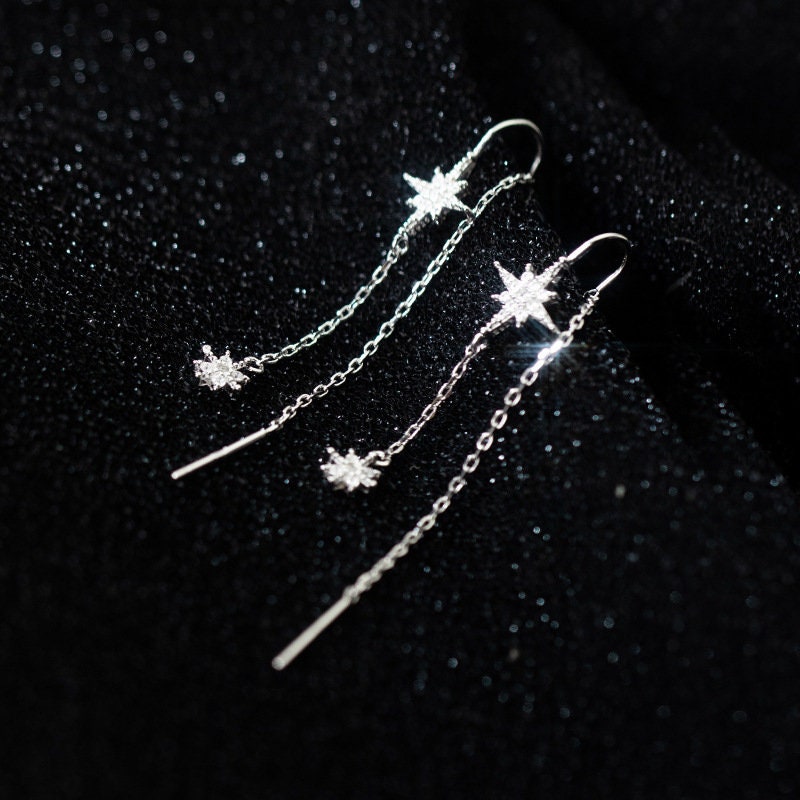 Sterling Silver Starburst Tassel Earrings, North Star Threader Earrings, Dainty Tassel Earrings, Rose Gold Chain Drop/Dangle Earrings, GE113