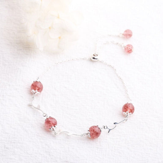 S925 Silver Rose Quartz Bracelet, Dainty Branch Strawberry Quartz Bracelets, Pink Quartz Bracelet, Minimalist Bracelet, Gift for Her GB04