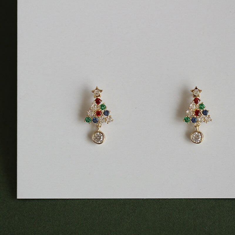 Dainty Colorful CZ Christmas Tree Earrings, Rainbow Christmas Tree Star Earrings, Minimalist Earring, Christmas Earrings, Holiday Gift GE114