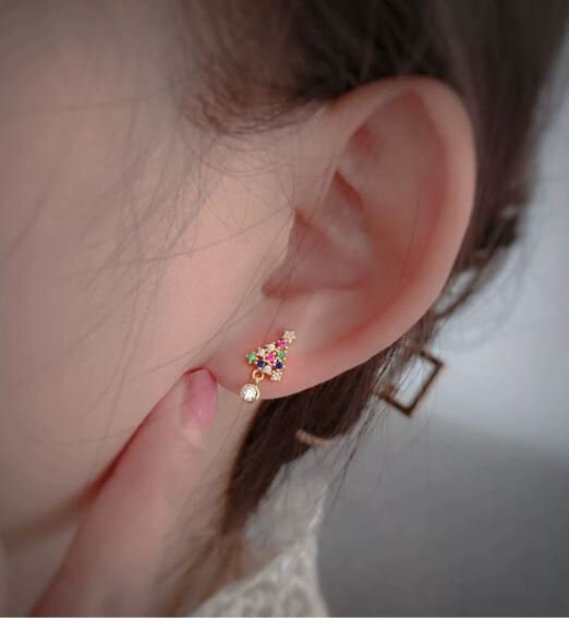 Dainty Colorful CZ Christmas Tree Earrings, Rainbow Christmas Tree Star Earrings, Minimalist Earring, Christmas Earrings, Holiday Gift GE114