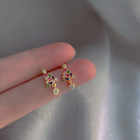 Dainty Colorful CZ Christmas Tree Earrings, Rainbow Christmas Tree Star Earrings, Minimalist Earring, Christmas Earrings, Holiday Gift GE114