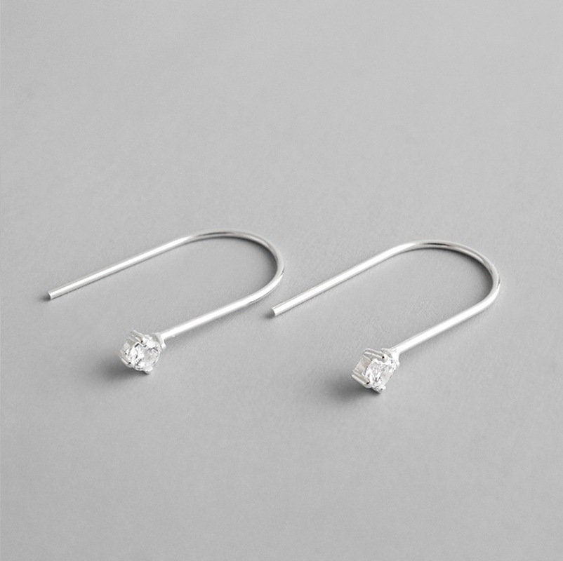 Sterling Silver Tiny CZ U-shaped Hook Earrings, Dainty CZ Hook Dangle Earrings, Simple Hook Earrings, CZ Drop Earrings, Gift for her, GE115