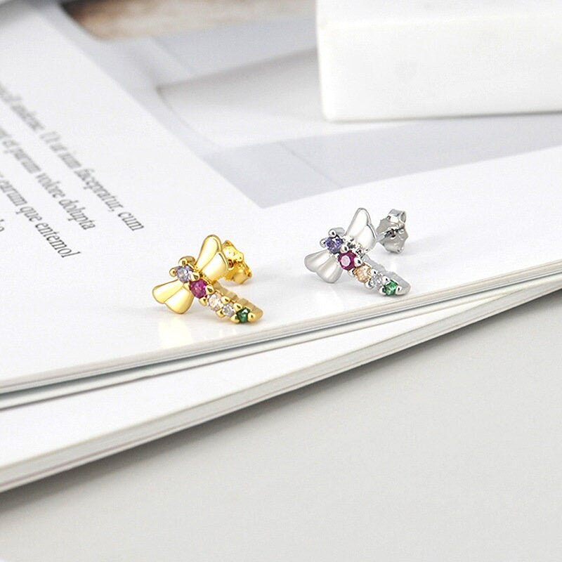 Dainty Colorful CZ Dragonfly Stud Earrings, Tiny Gold Dragonfly Studs, 925 Silver Dragonfly Earring, Helix Earring, Animal Earring, GE156