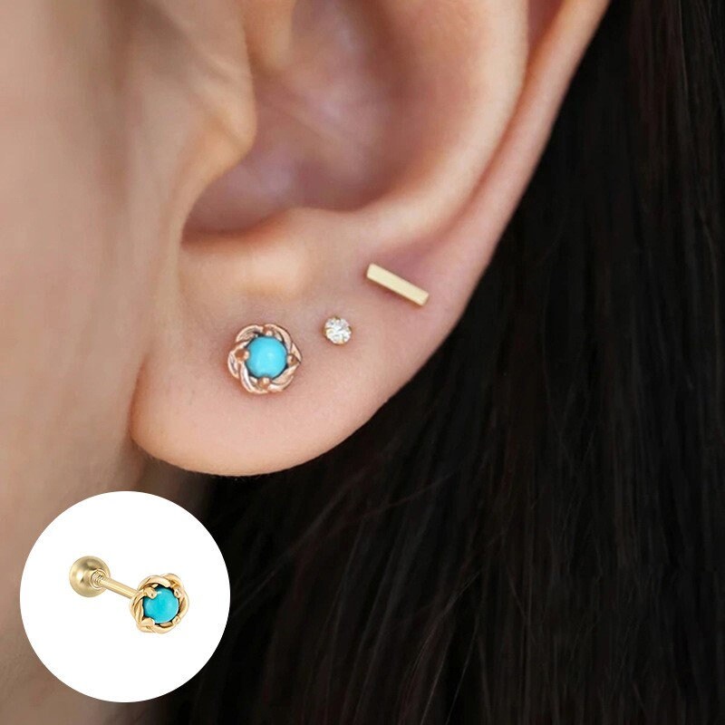 18k Gold Vermeil Turquoise Screw Back Earrings, Tiny Blue Turquoise Earrings, Gold Turquoise Studs, Dainty Gold Studs, Helix Studs, GE158