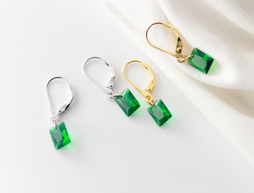 Gold Rectangle Emerald CZ Dangle & Drop Leverback Earrings, Emerald Lever Back Drop Earrings, Minimalist Green CZ Earring, Gift for Her GE85