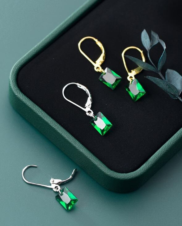 Gold Rectangle Emerald CZ Dangle & Drop Leverback Earrings, Emerald Lever Back Drop Earrings, Minimalist Green CZ Earring, Gift for Her GE85