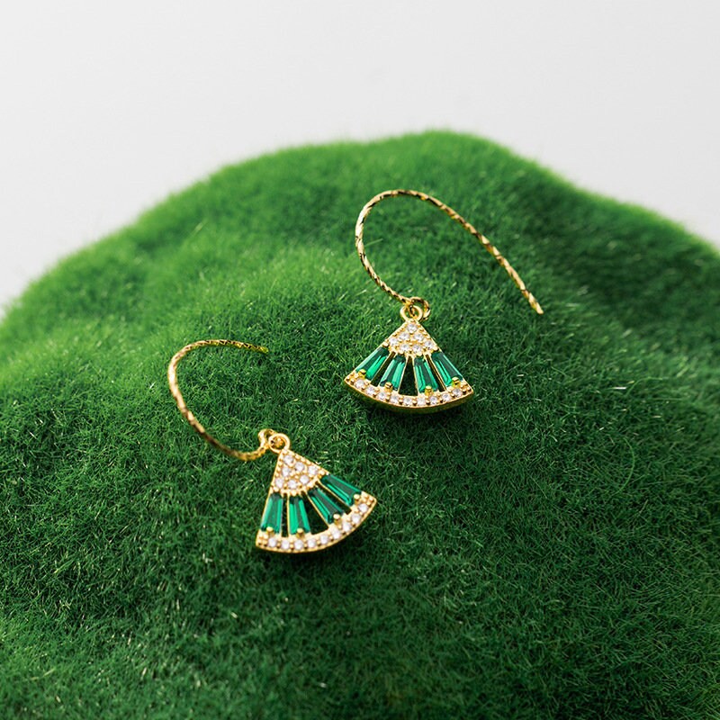 Gold Vermeil Fan-Shape Emerald Hook Earrings, Sparkly Emerald Drop Hook Earrings, Emerald Dangle Earring, Minimalist, Gift for her, GE23