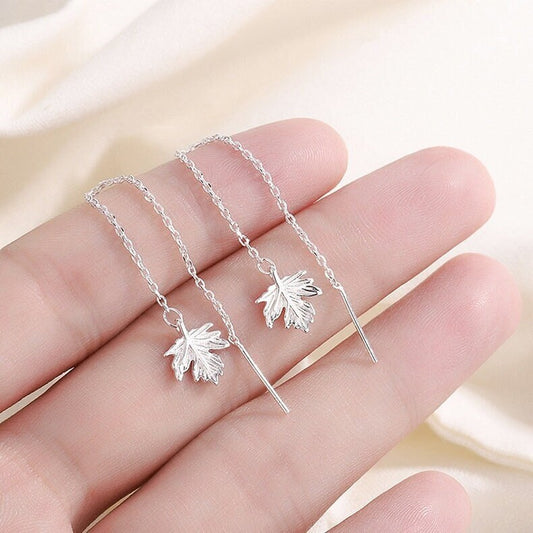 925 Silver Maple Leaf Threader Earrings, Dainty Leaf Dangle Earring, Leaf Tassel Earrings, Plant Drop Earring, Gift for her, GE128