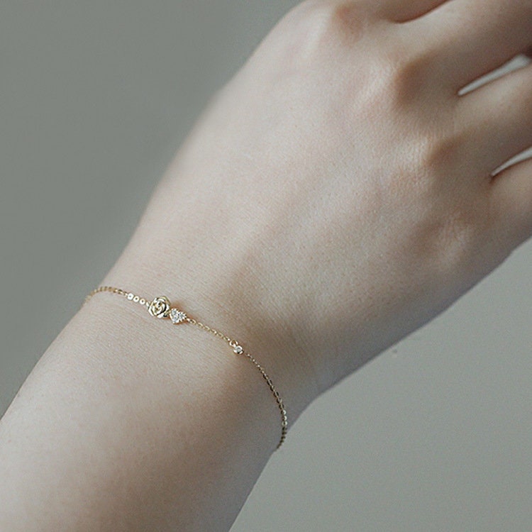 Dainty Gold Vermeil Rose Bracelet, Heart and Flower Bracelet, Tiny CZ Charm Bracelets, Minimalist Bracelet, Gift for Her, GB06