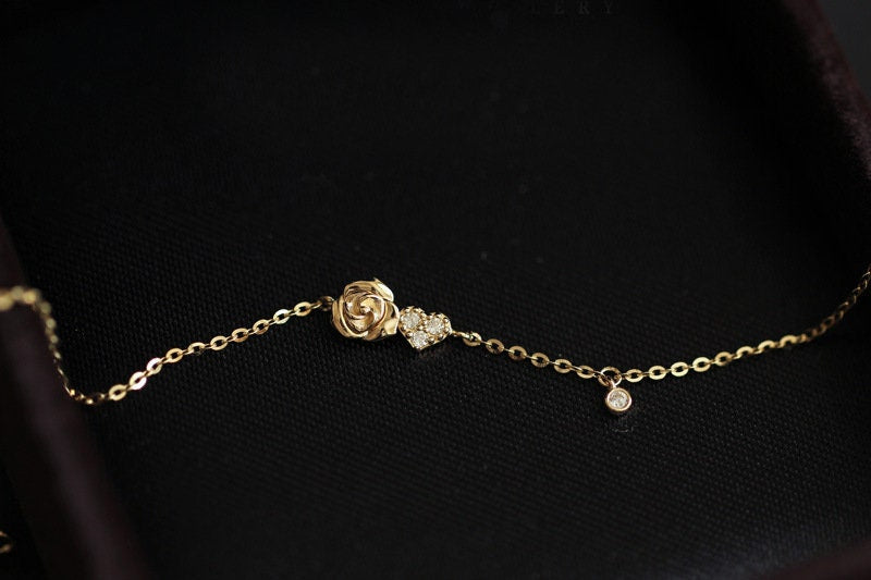 Dainty Gold Vermeil Rose Bracelet, Heart and Flower Bracelet, Tiny CZ Charm Bracelets, Minimalist Bracelet, Gift for Her, GB06