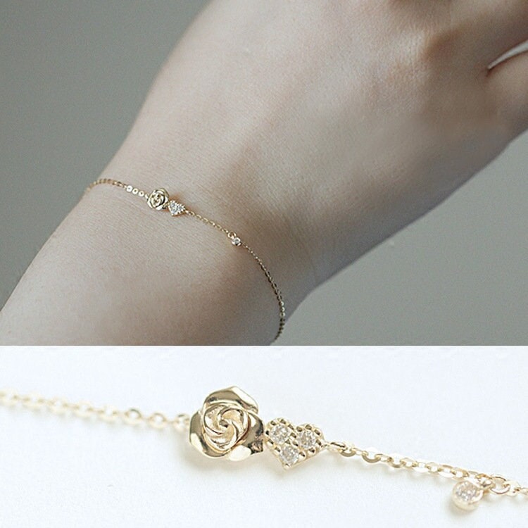 Dainty Gold Vermeil Rose Bracelet, Heart and Flower Bracelet, Tiny CZ Charm Bracelets, Minimalist Bracelet, Gift for Her, GB06