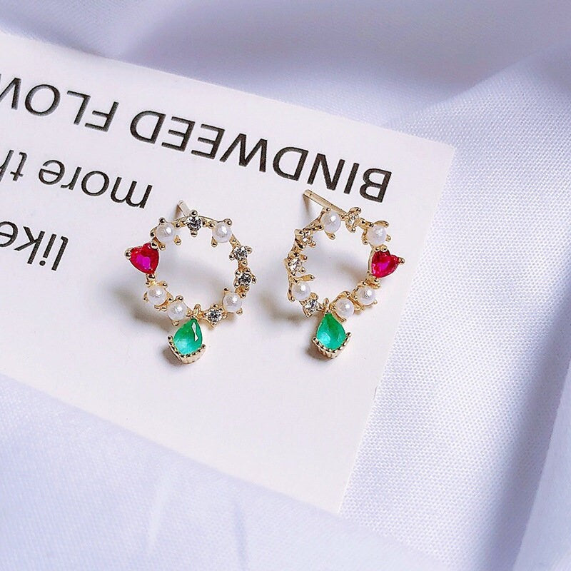 Dainty Gold Colorful Circle CZ Earrings, Heart Ruby CZ Circle Earrings, Waterdrop Emerald CZ Circe Earrings, Tiny Pearl Circle Earring, GE49