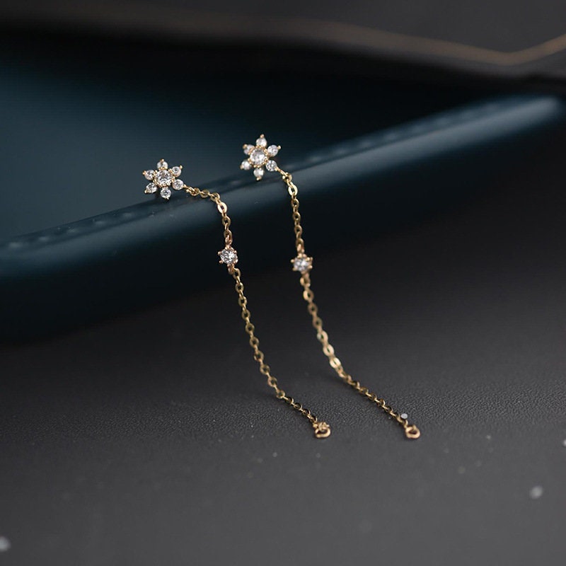 14k Gold Vermeil CZ Star Threader Dangle & Drop Earrings, Dainty Star Tassel Drop Earring, Minimalist Threader Earring, Tassel Earring GE140