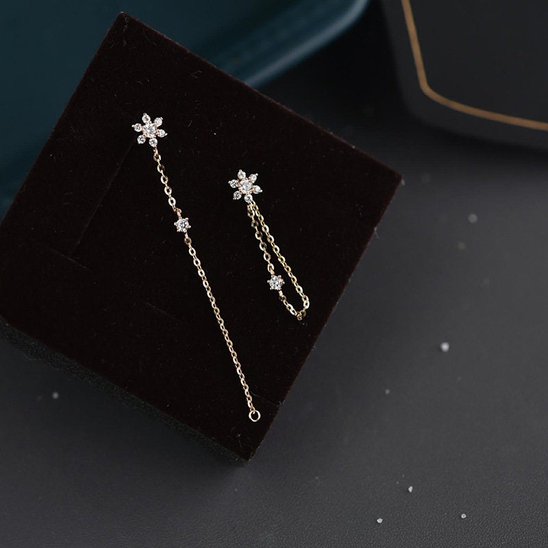 14k Gold Vermeil CZ Star Threader Dangle & Drop Earrings, Dainty Star Tassel Drop Earring, Minimalist Threader Earring, Tassel Earring GE140