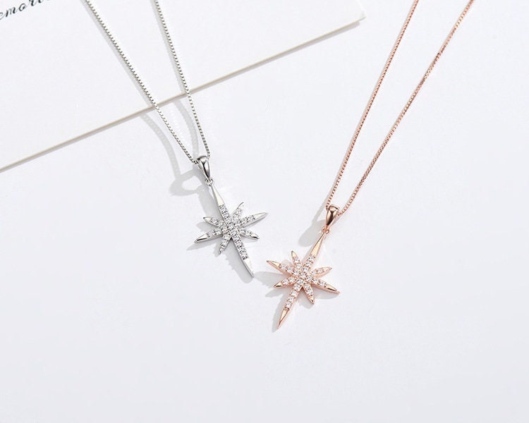 14k Rose Gold Vermeil Starburst Necklace, Starburst Pendant, 8-point Star Necklace, Minimalist North Star Necklace, Gift for her, GN54