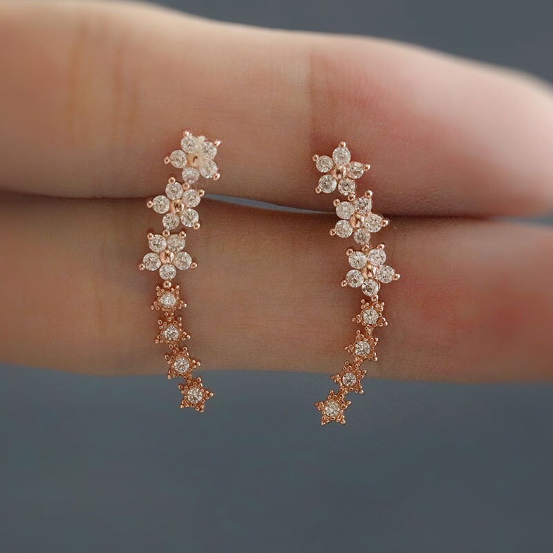 Rose Gold CZ Flower Climb Earrings, Flower Stud Earrings, Champagne Gold Floral Ear Climbers, Flower & Star Ear Crawler, Gift for her, GE143