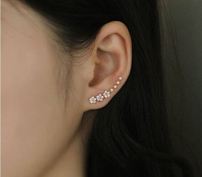 Rose Gold CZ Flower Climb Earrings, Flower Stud Earrings, Champagne Gold Floral Ear Climbers, Flower & Star Ear Crawler, Gift for her, GE143