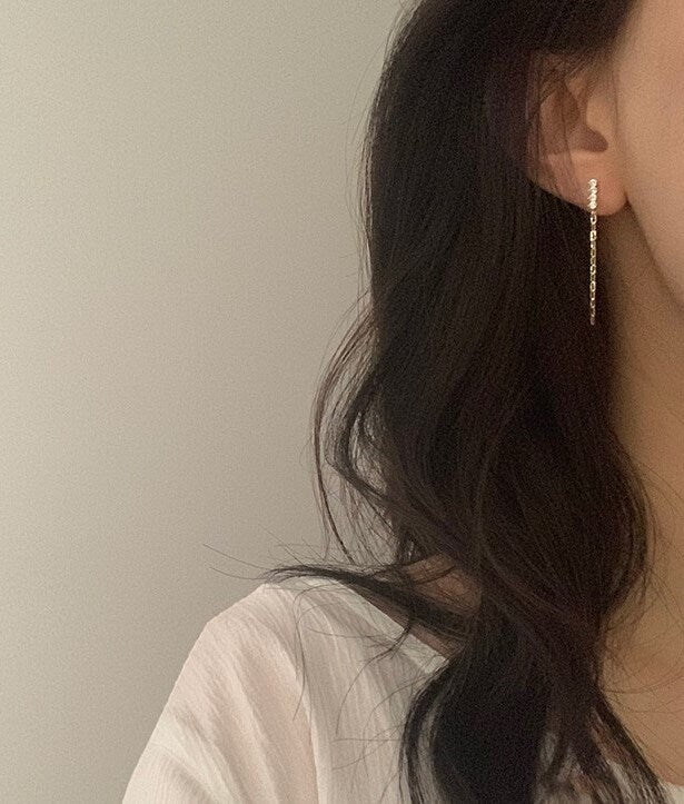 Dainty CZ Gold Tassel Earrings, Link Chain Threader Earrings, Gold Tassel Drop Earrings, CZ Rectangle Chain Dangle Earrings, Gift, GE146