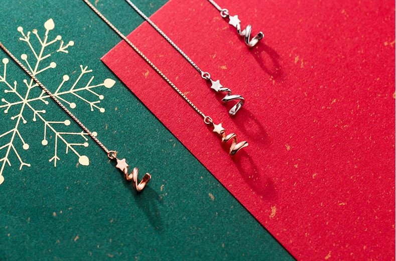 Christmas Earrings, Rose Gold Christmas Tree Earrings, Christmas Jewelry, 925 Silver Threader Earrings, Dainty Tassel Earrings, Gift, GE150