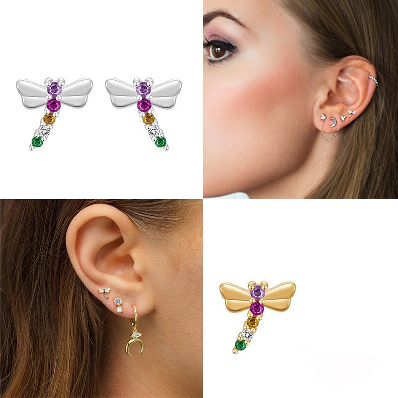 Dainty Colorful CZ Dragonfly Stud Earrings, Tiny Gold Dragonfly Studs, 925 Silver Dragonfly Earring, Helix Earring, Animal Earring, GE156