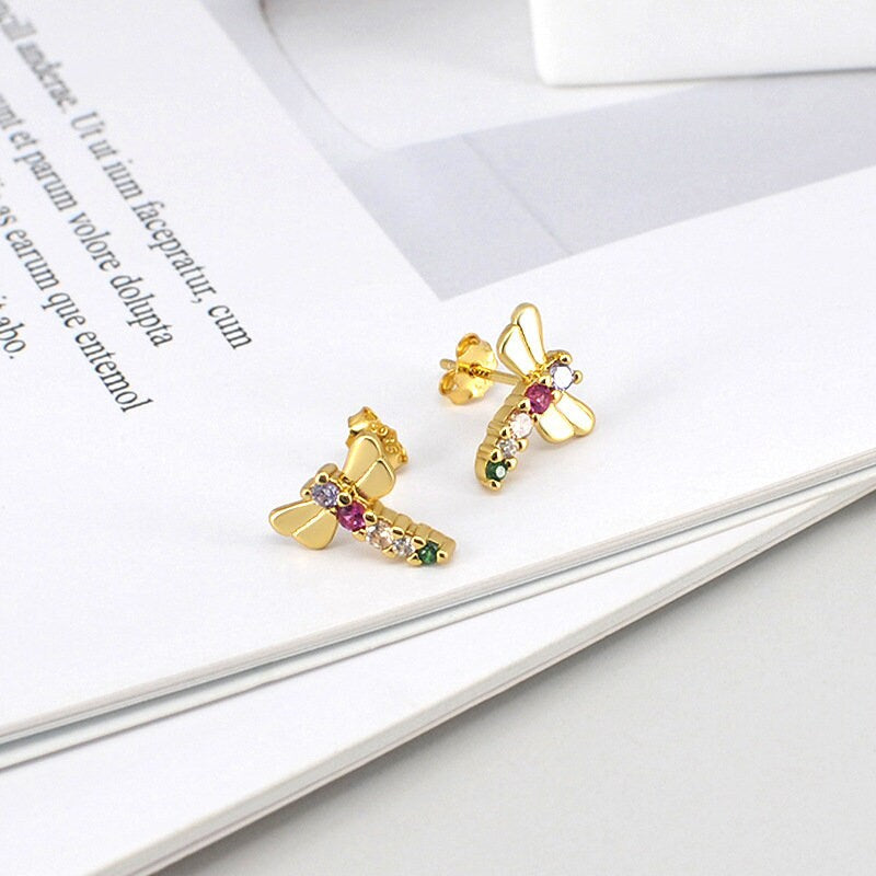 Dainty Colorful CZ Dragonfly Stud Earrings, Tiny Gold Dragonfly Studs, 925 Silver Dragonfly Earring, Helix Earring, Animal Earring, GE156