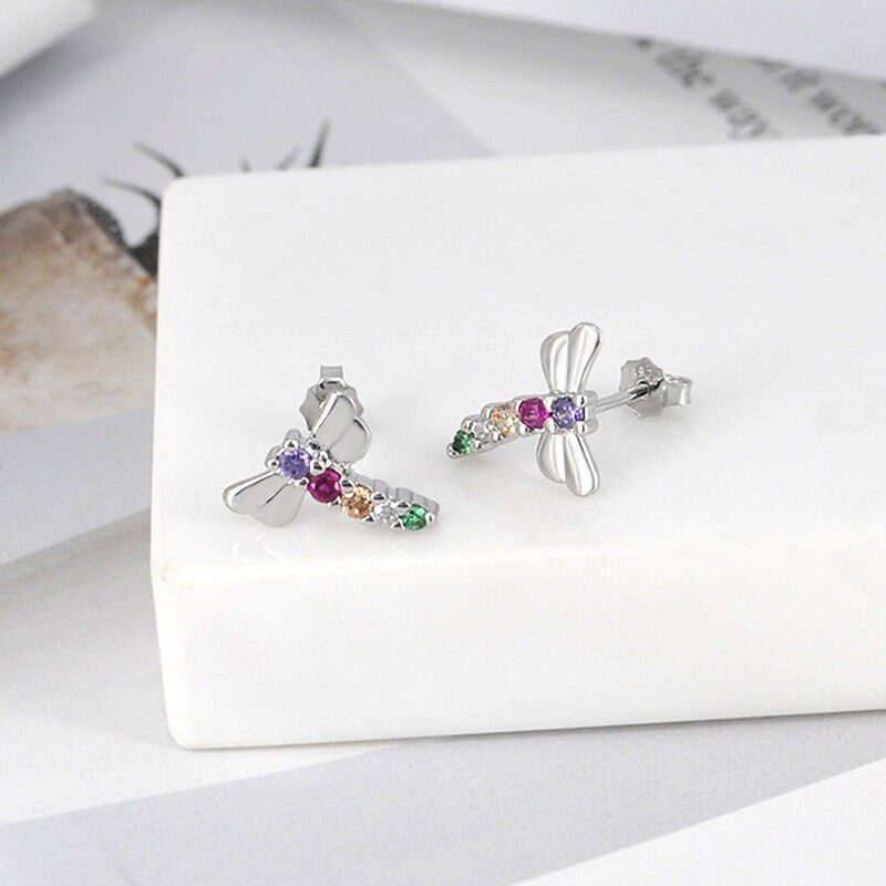 Dainty Colorful CZ Dragonfly Stud Earrings, Tiny Gold Dragonfly Studs, 925 Silver Dragonfly Earring, Helix Earring, Animal Earring, GE156