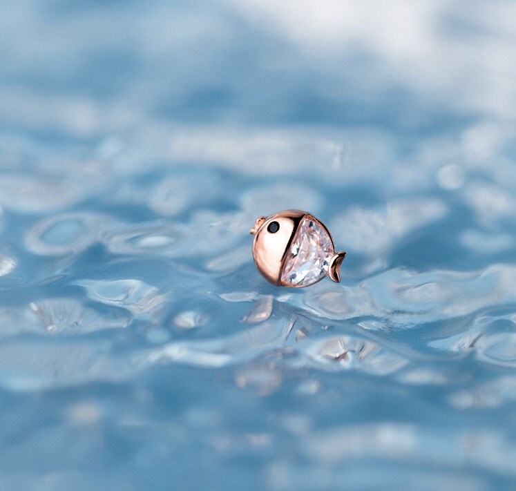 14k Rose Gold Vermeil Kissing Fish Stud Earrings, Kissing Gourami Earrings, Tiny Adorable Fish Earrings, Animal-lover Earrings, Gift, GE169