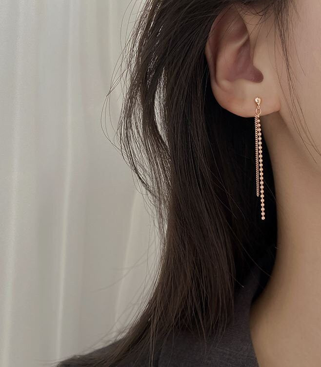 925 Silver Ball Threader Drop & Dangle Earrings, Ball Chain Tassel Earrings, Rose Gold Tassel Dangle Earrings, Ball Chain Drop Earring GE161