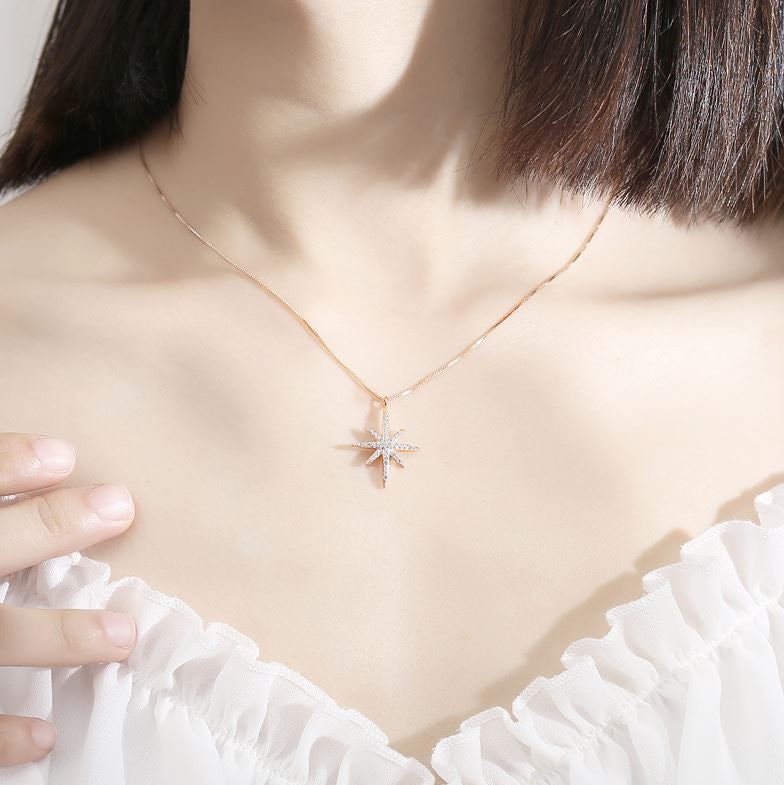 14k Rose Gold Vermeil Starburst Necklace, Starburst Pendant, 8-point Star Necklace, Minimalist North Star Necklace, Gift for her, GN54