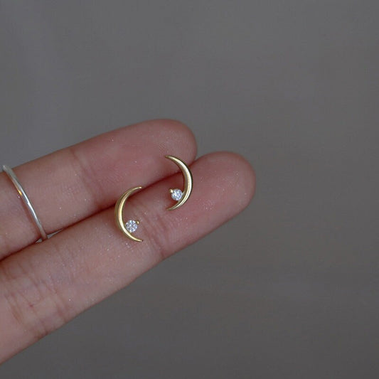 Delicate CZ Crescent Moon Stud Earrings, Gold Moon Earrings, Minimalist Moon Studs, Tiny Moon Earring, Perfect for Everyday, Gift, GE165