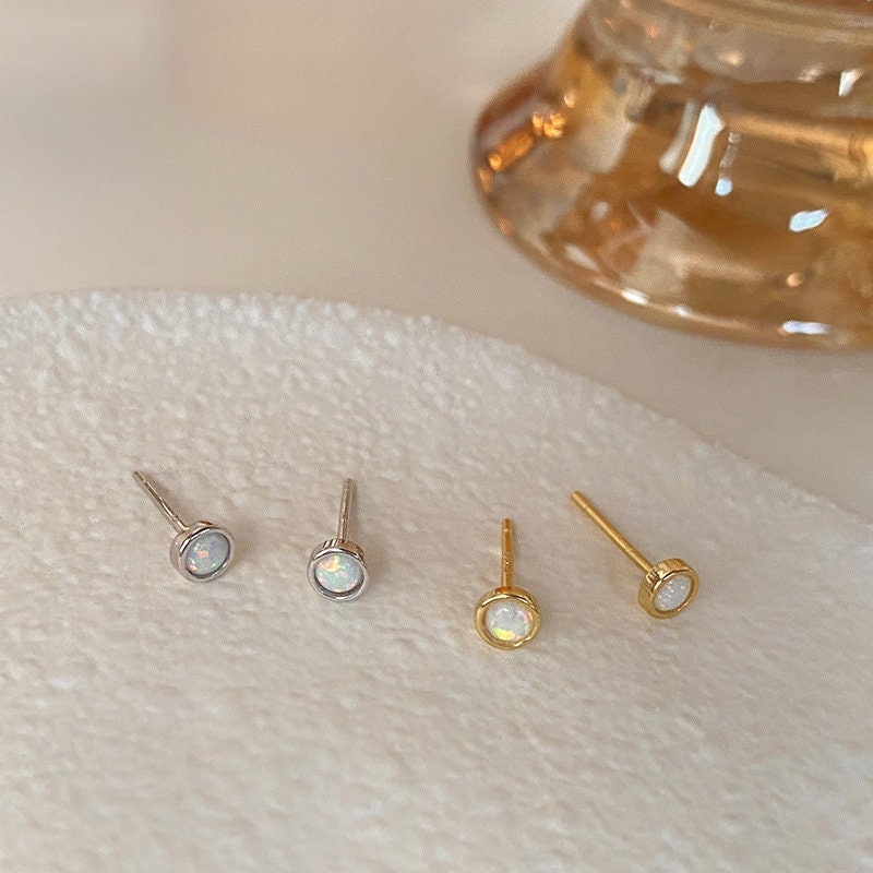 Tiny Gold Opal Stud Earrings, Dainty S925 Silver Opal Earrings, Helix/Tragus Earrings, Minimalist Gold Opal Studs, Gift for her, GE181