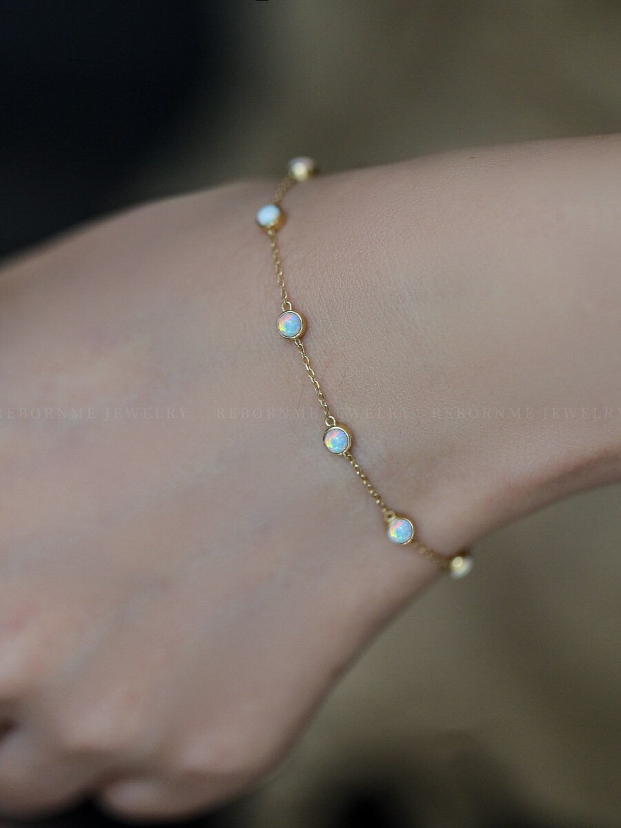 14k Gold Vermeil Tiny Opal Bracelet, Dainty Gold Opal Bracelet, Gemstone Bracelets, Minimalist Opal Bracelet, Perfect Gift for Her, GB07