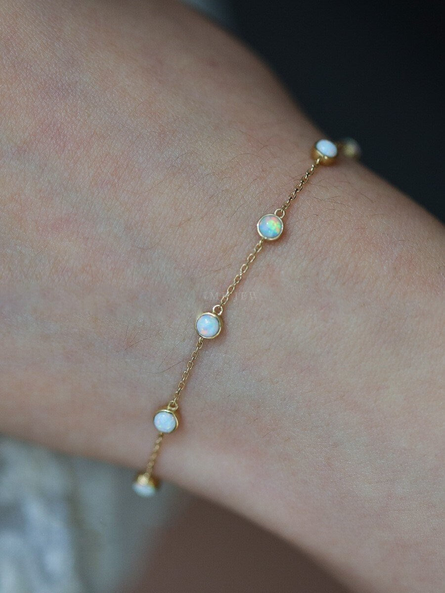 14k Gold Vermeil Tiny Opal Bracelet, Dainty Gold Opal Bracelet, Gemstone Bracelets, Minimalist Opal Bracelet, Perfect Gift for Her, GB07