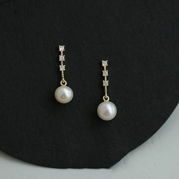 14k Gold Vermeil Pearl Drop & Dangle Earrings, Dainty CZ Pearl Dangle Earrings, Sterling Silver Pearl Dangle Earrings, Gifts for her, GE190